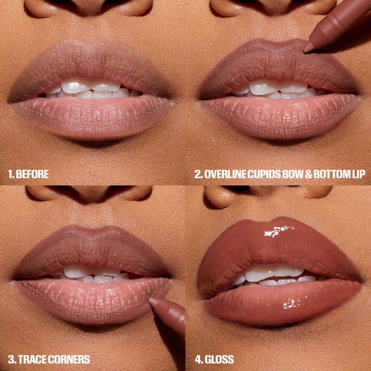Huda Beauty Juicy Bombshell Lip Duo application steps showing lip lining and gloss application