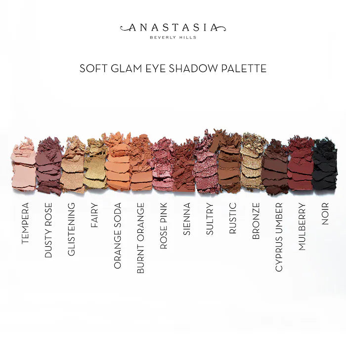 Anastasia Beverly Hills Soft Glam Eyeshadow Palette 14 matte and metallic shade swatches.