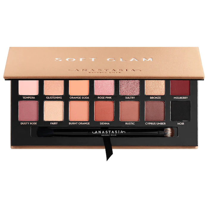 Anastasia Beverly Hills Soft Glam Eyeshadow Palette with 14 neutral shades and included brush.