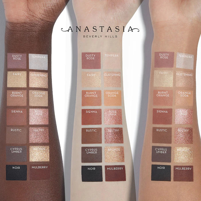 Anastasia Beverly Hills Soft Glam Palette swatches across deep, medium and light skin tones.