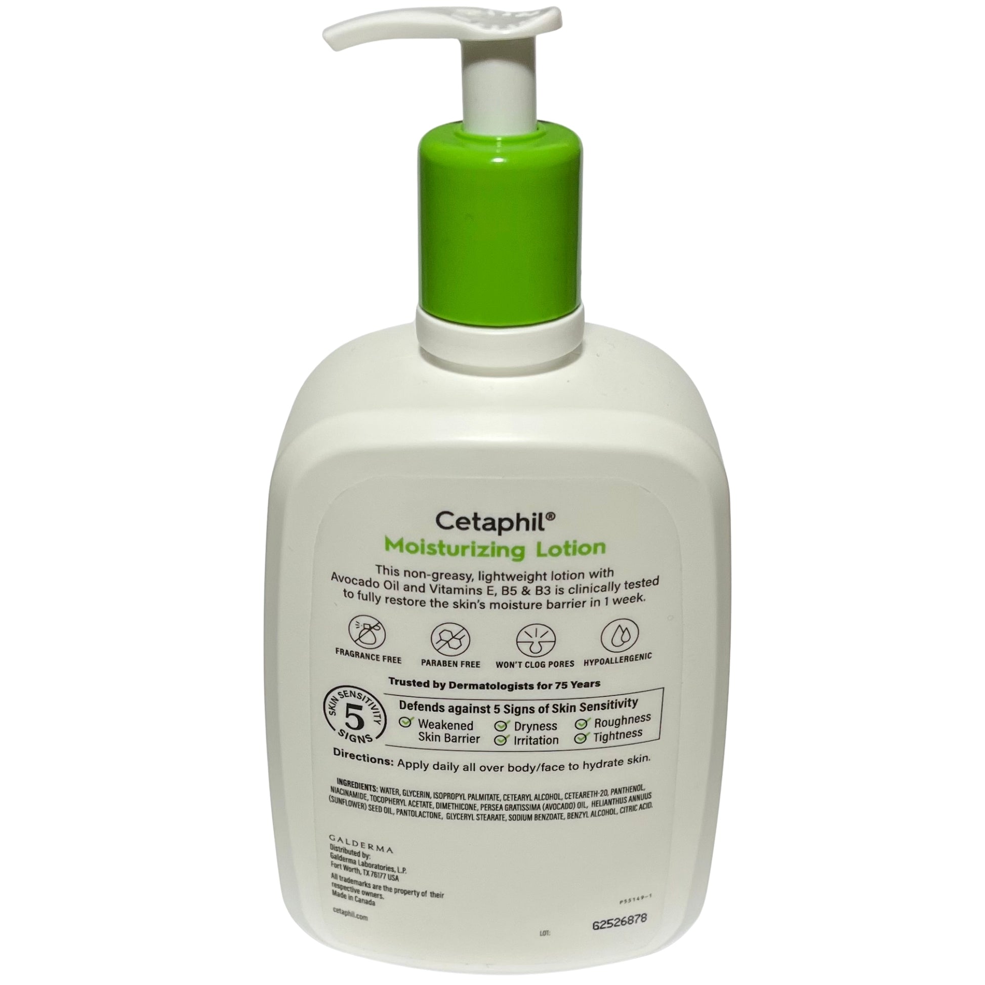 Back view of Cetaphil Moisturizing Lotion bottle on white background