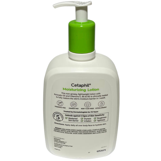 Back view of Cetaphil Moisturizing Lotion bottle on white background