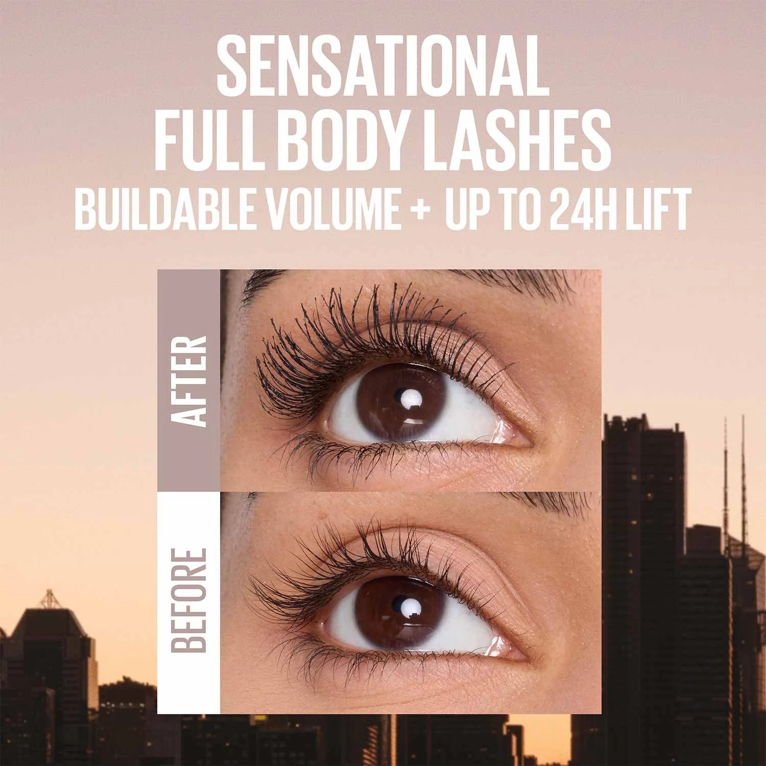 Before and after Maybelline Lash Sensational Body Mascara full body lashes
