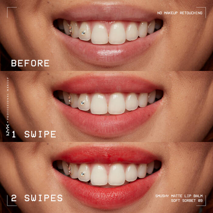 Before and after NYX Smushy Matte Lip Balm with one and two swipes