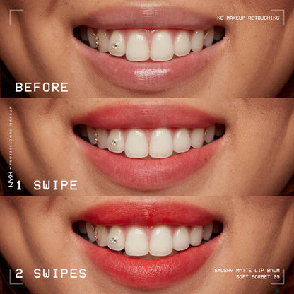 Before and after NYX Smushy Matte Lip Balm with one and two swipes