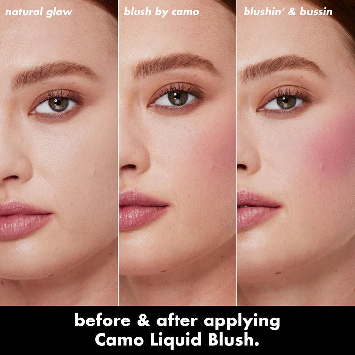 Before and after applying e.l.f. Camo Liquid Blush on cheeks