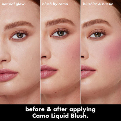 Before and after applying e.l.f. Camo Liquid Blush on cheeks