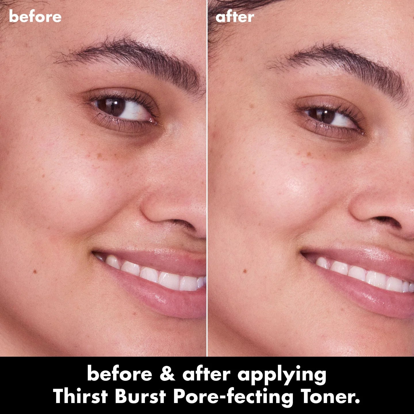 Before and after applying e.l.f. Thirst Burst Pore-fecting Toner for pores
