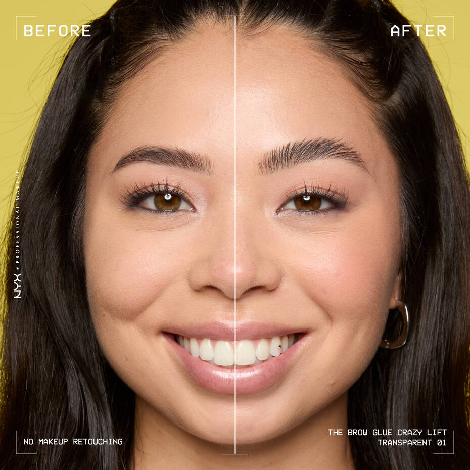 Before and after brow lamination look with NYX The Brow Glue Crazy Lift