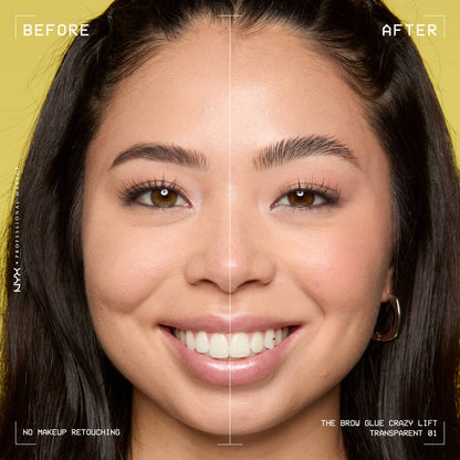 Before and after brow lamination look with NYX The Brow Glue Crazy Lift