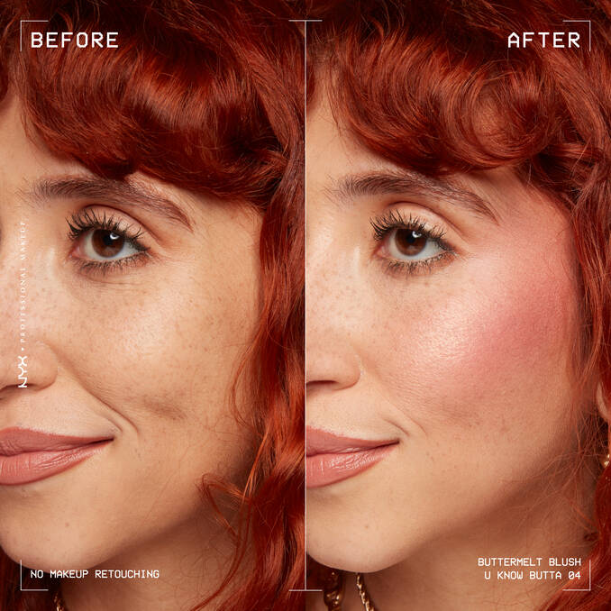 Before and after cheek color using NYX Buttermelt Blush showing natural glow
