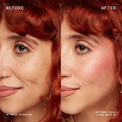 Before and after cheek color using NYX Buttermelt Blush showing natural glow