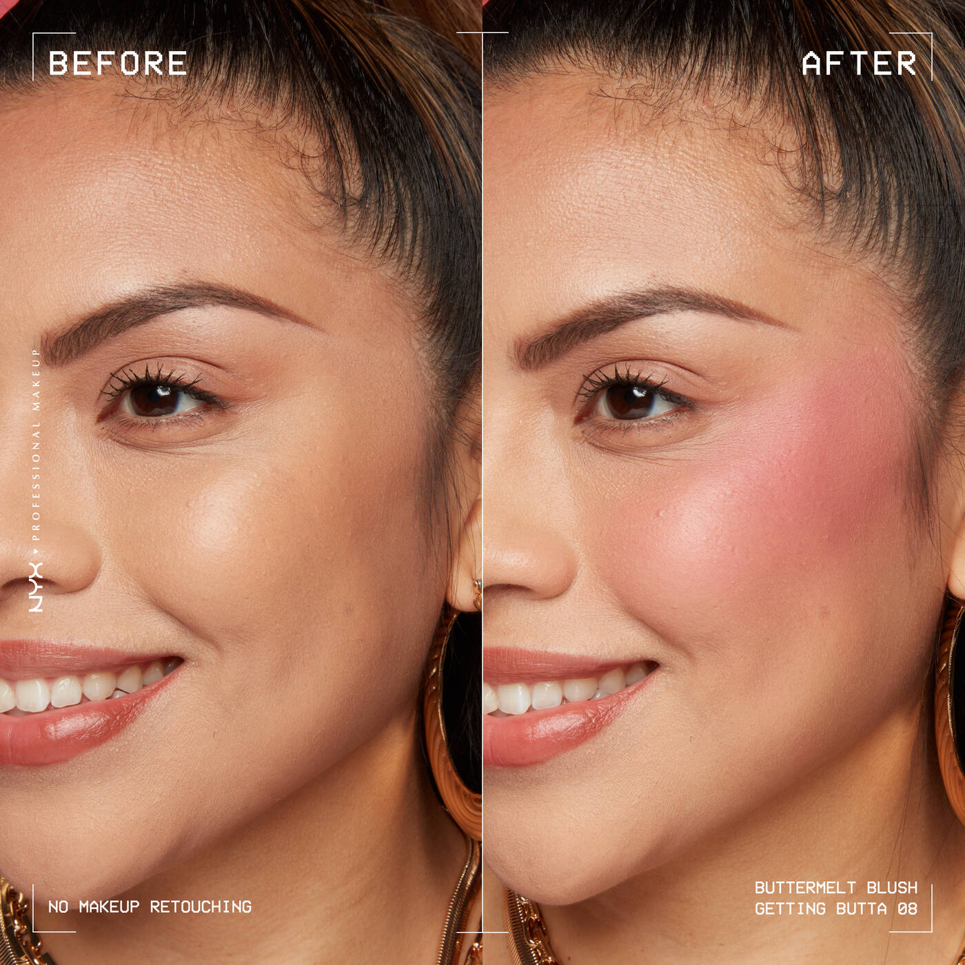Before and after cheek color using NYX Buttermelt Blush showing natural glow