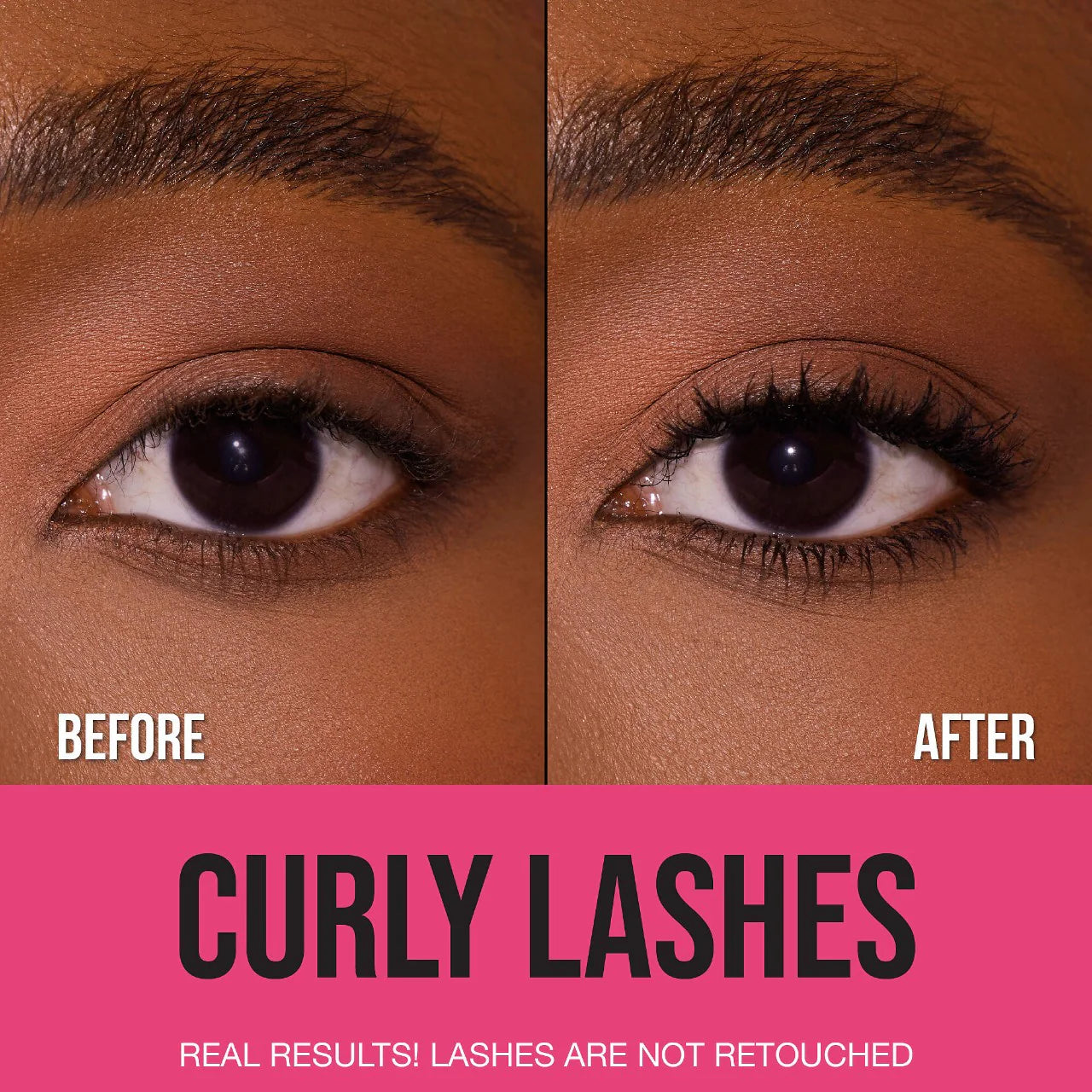 Before and after curly lashes using Huda Beauty 1 Coat WOW mascara