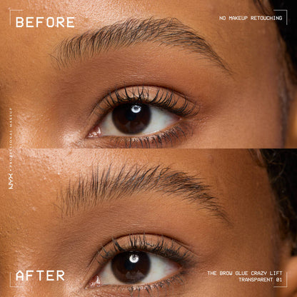 Before and after eyebrow close-up with NYX The Brow Glue Crazy Lift