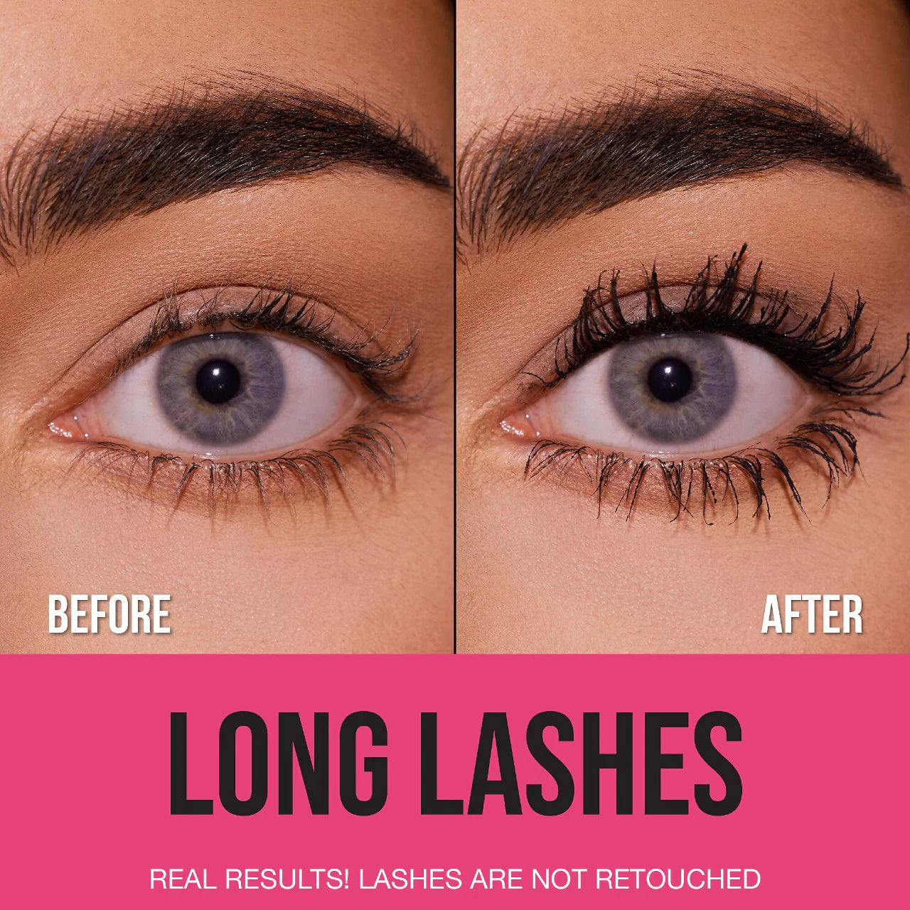 Before and after long lashes using Huda Beauty 1 Coat WOW mascara