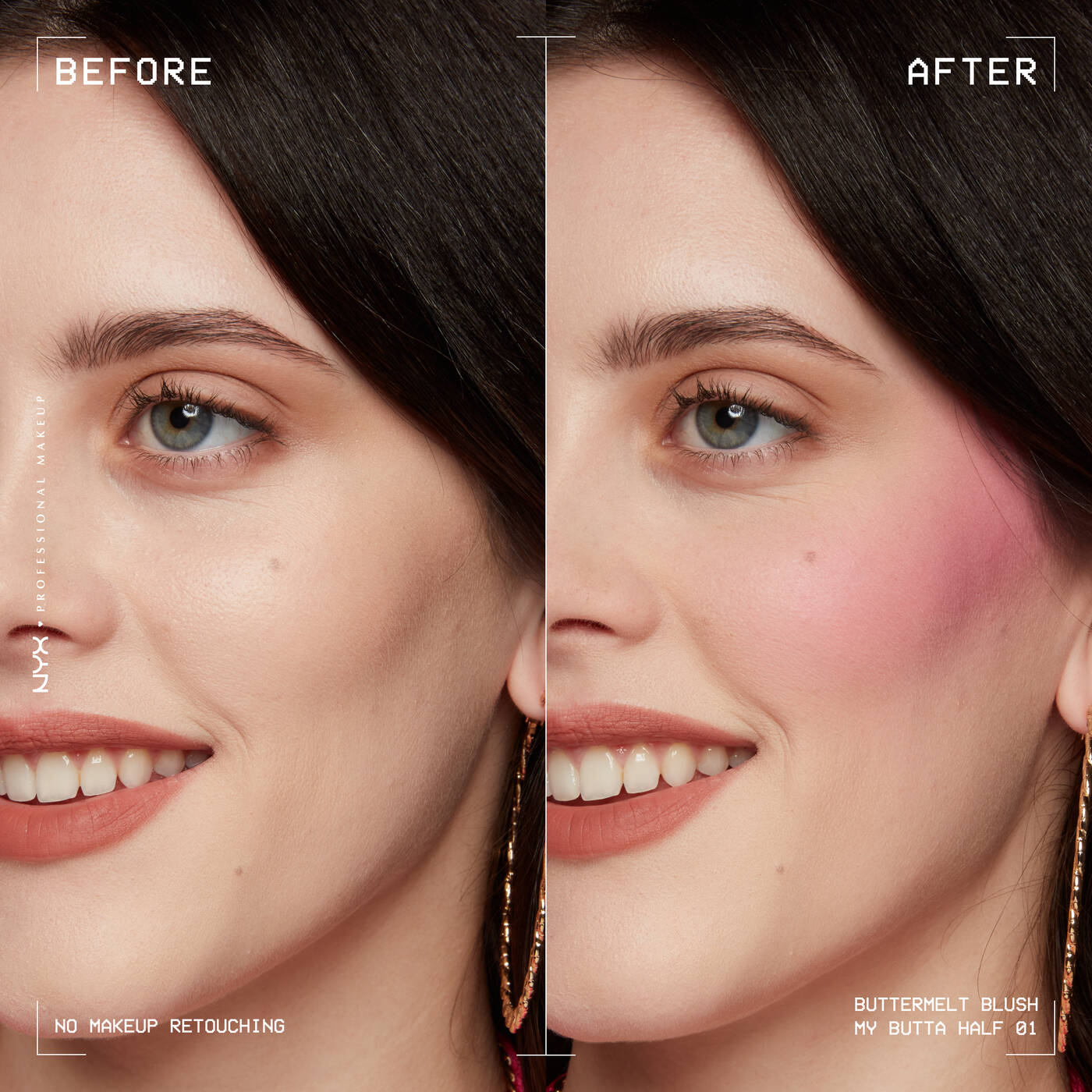 Before and after makeup comparison using NYX Buttermelt Blush on a woman's face