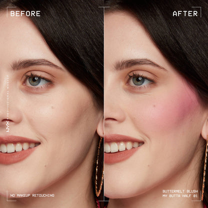 Before and after makeup comparison using NYX Buttermelt Blush on a woman's face