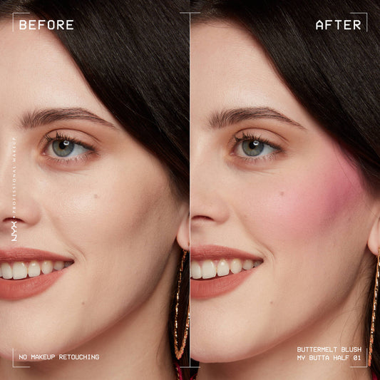 Before and after makeup comparison using NYX Buttermelt Blush on a woman's face