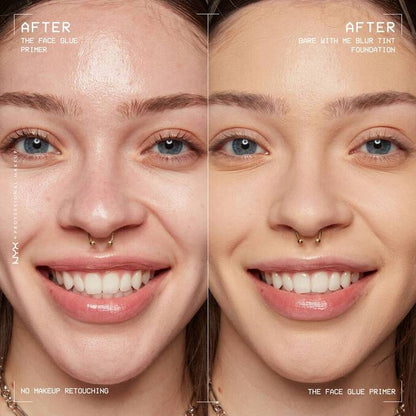 Before and after makeup comparison using NYX The Face Glue Gripping Primer