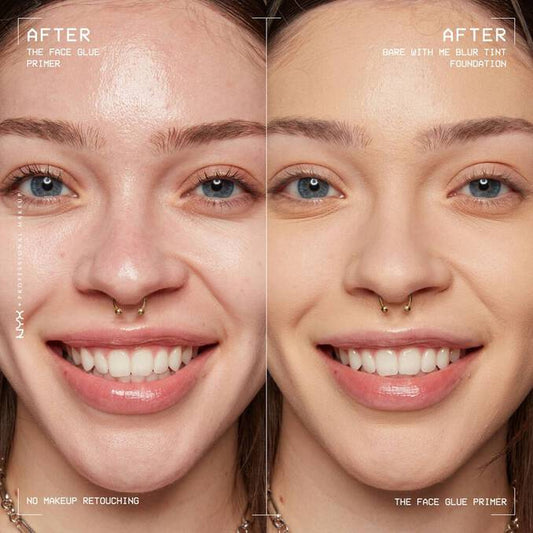 Before and after makeup comparison using NYX The Face Glue Gripping Primer