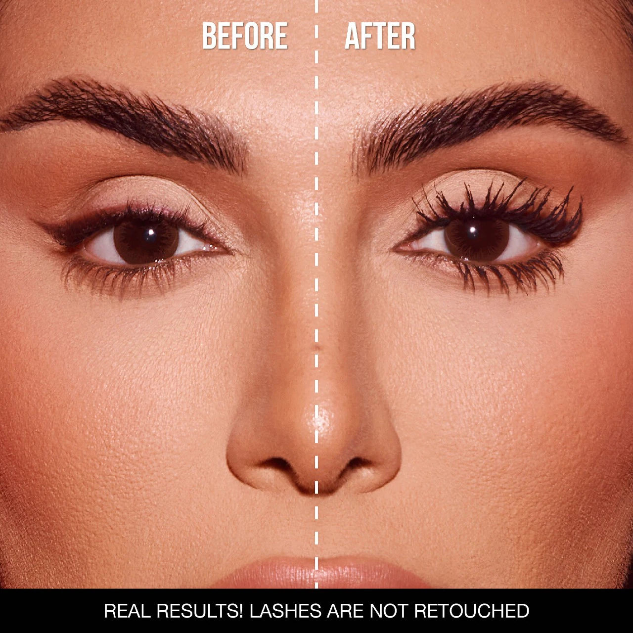 Before and after makeup look using Huda Beauty 1 Coat WOW mascara