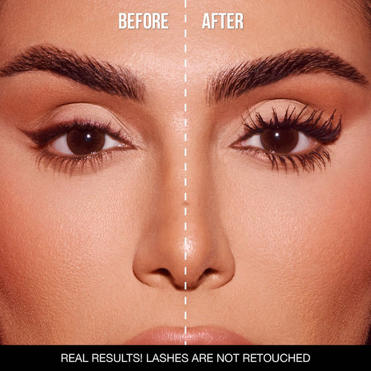 Before and after makeup look using Huda Beauty 1 Coat WOW mascara