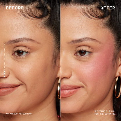 Before and after makeup look using NYX Buttermelt Blush on medium skin tone