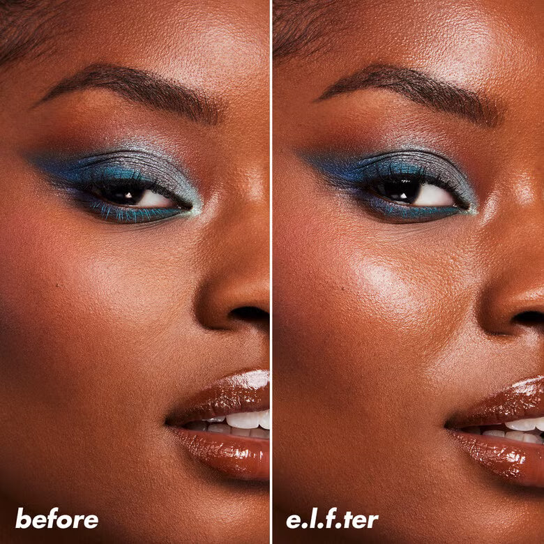 Before and after makeup using e.l.f. Power Grip Dewy Setting Spray for radiant finish