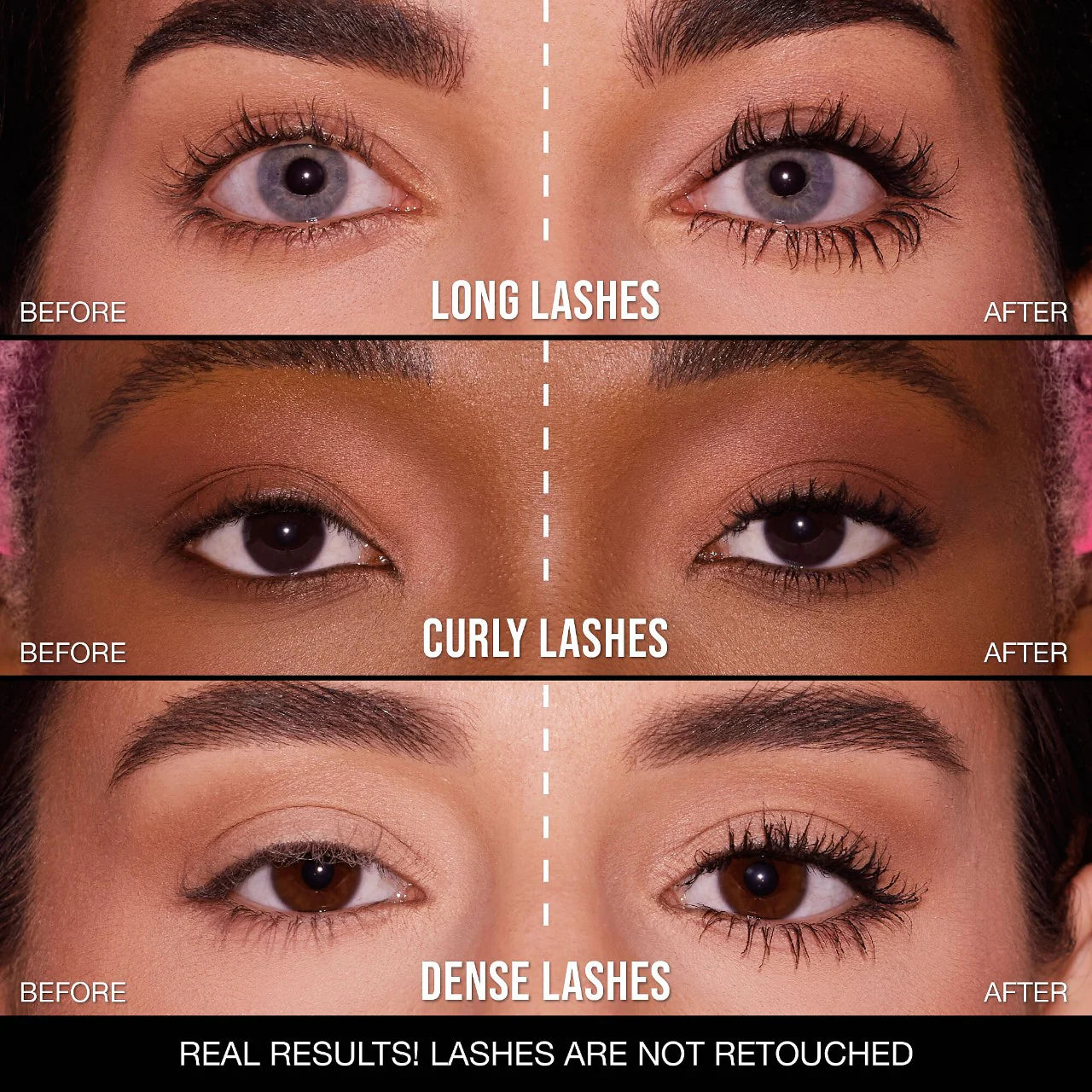 Before and after results of Huda Beauty 1 Coat WOW mascara on lashes