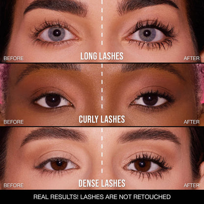 Before and after results of Huda Beauty 1 Coat WOW mascara on lashes