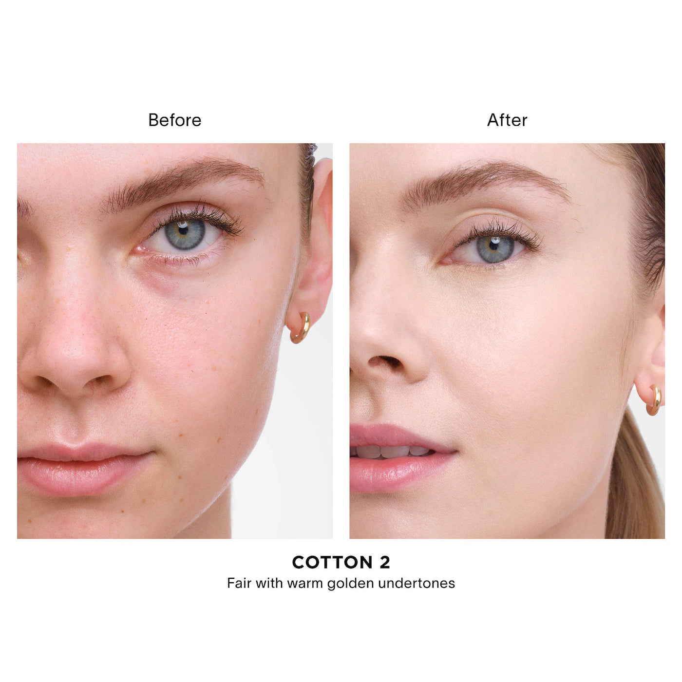 Before and after showing Hourglass Vanish Airbrush Concealer in shade Cotton 2 on fair skin with warm golden undertones