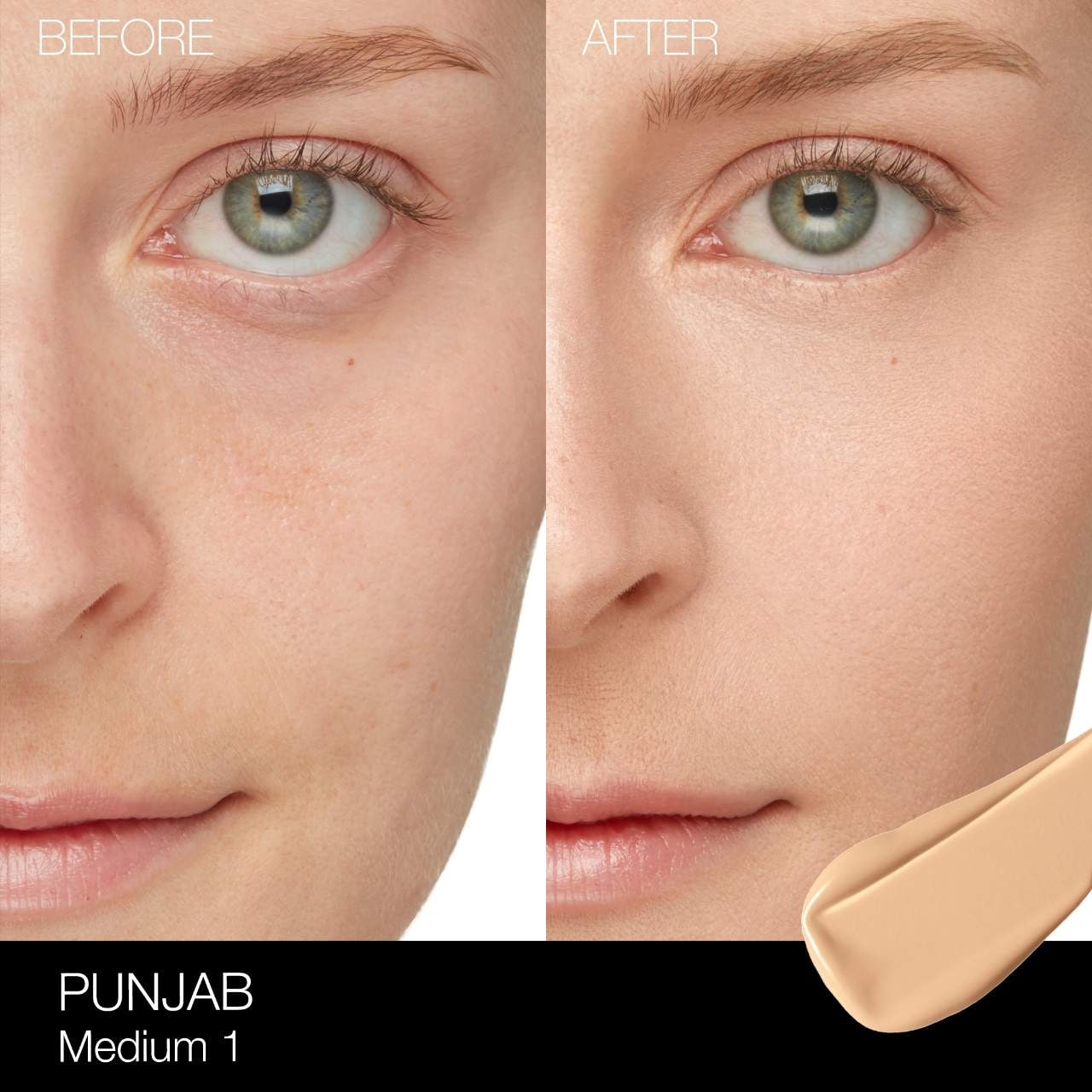 Before and after showing NARS Natural Radiant Longwear Foundation in Punjab Medium 1 on skin