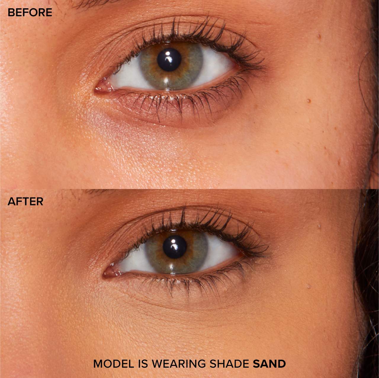 Before and after under-eye photo showing Too Faced Born This Way Super Coverage Concealer in shade Sand