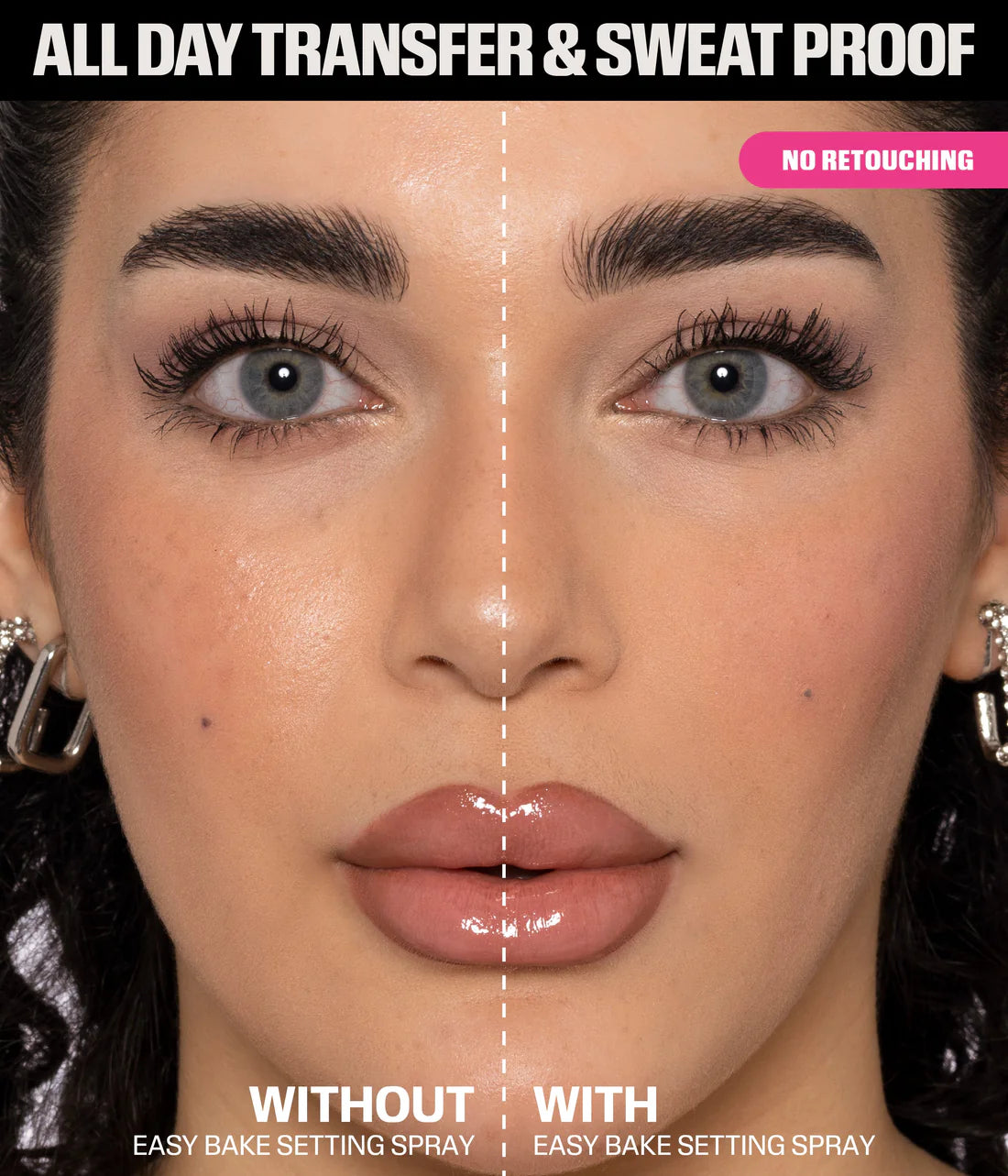 Before and after using Huda Beauty Easy Bake Setting Spray transfer and sweat proof makeup