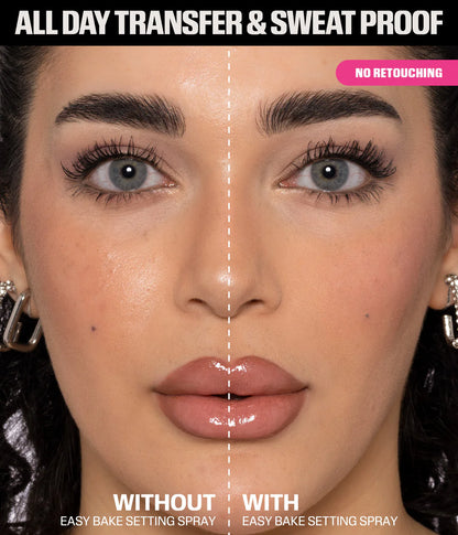 Before and after using Huda Beauty Easy Bake Setting Spray transfer and sweat proof makeup