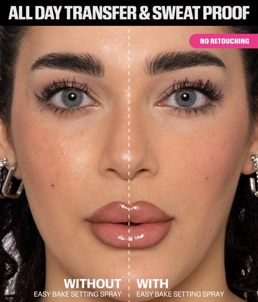 Before and after using Huda Beauty Easy Bake Setting Spray transfer and sweat proof makeup