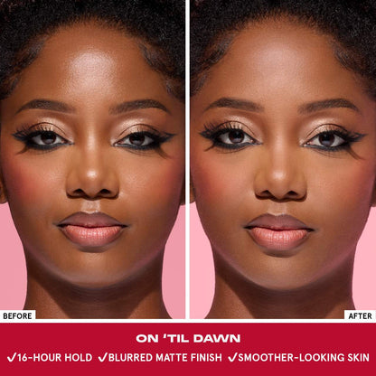 Before and after using ONE SIZE On Til Dawn Mattifying Waterproof Setting Spray