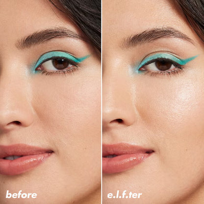 Before and after using e.l.f. Power Grip Dewy Setting Spray showing smoother glowing skin