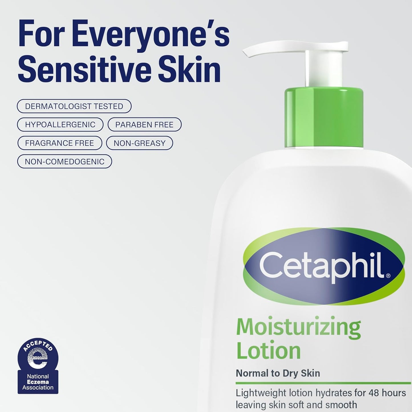 Cetaphil Moisturizing Lotion bottle with sensitive skin benefits on light background