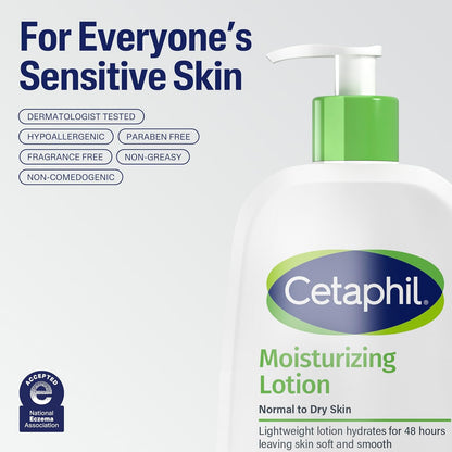 Cetaphil Moisturizing Lotion bottle with sensitive skin benefits on light background