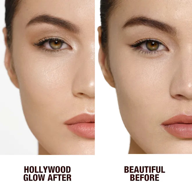 Charlotte Tilbury Glow Glide Face Architect Highlighter before and after in Moonlit Glow