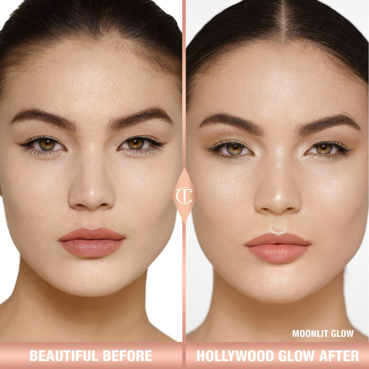 Charlotte Tilbury Glow Glide Face Architect Highlighter before and after on face in Moonlit Glow