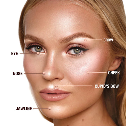 Charlotte Tilbury Glow Glide Face Architect Highlighter placement guide for brow, eye, nose, cheek, cupid’s bow, and jawline