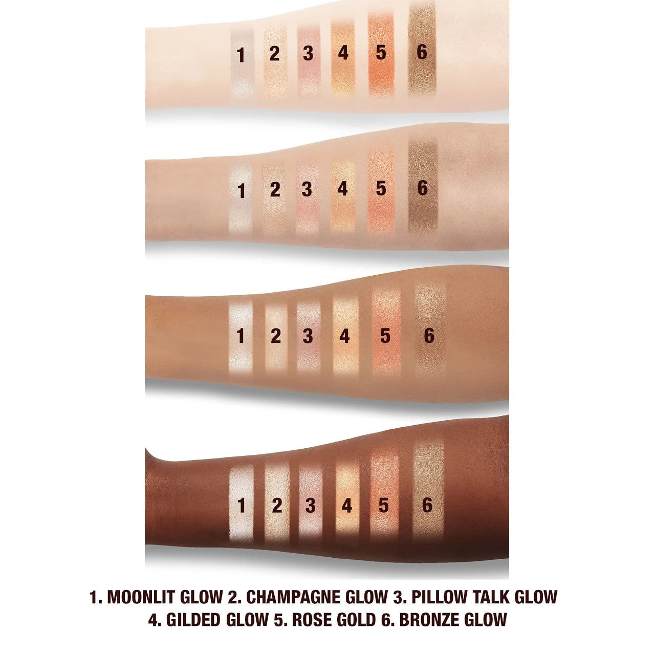 Charlotte Tilbury Glow Glide Face Architect Highlighter shade swatches on different skin tones