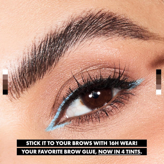 Close-up eyebrow look with blue eyeliner and promotional text for NYX The Brow Glue