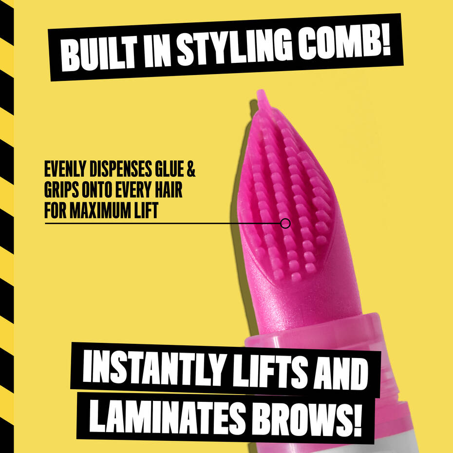 Close-up of NYX The Brow Glue Crazy Lift built-in styling comb with promotional text