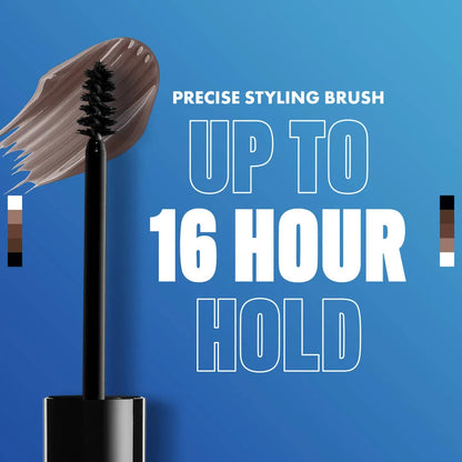 Close-up of NYX The Brow Glue styling brush with 16-hour hold text