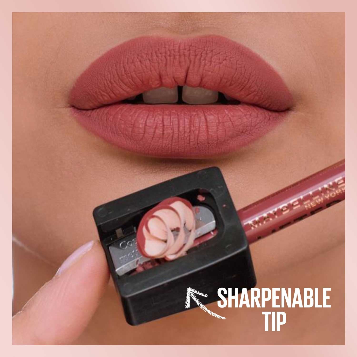 Close-up of lips with Maybelline Lifter Liner and sharpenable tip shown with sharpener
