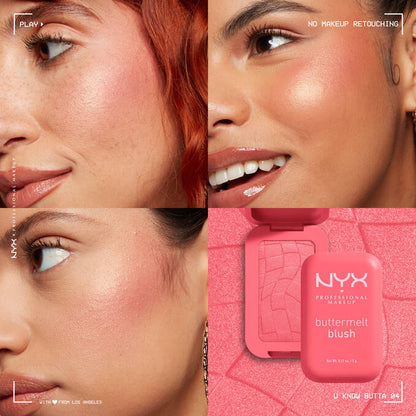 Close up of glowing cheeks after applying NYX Buttermelt Blush